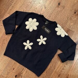 Papillon Blanc Navy Sweater with Cream Crochet Flower Appliqués